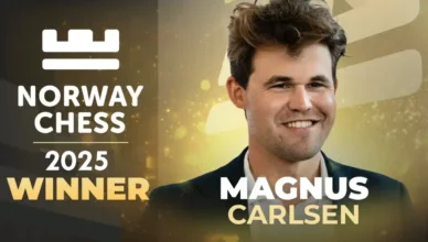 Magnus Carlsen lifting Norway Chess 2025 trophy
