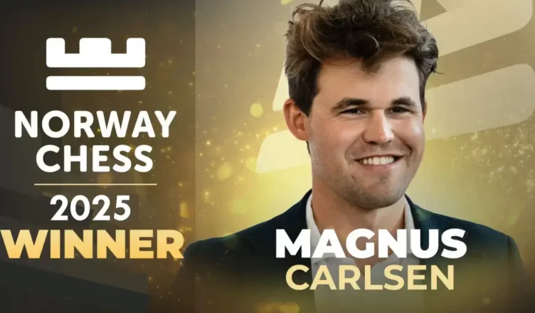 Magnus Carlsen lifting Norway Chess 2025 trophy