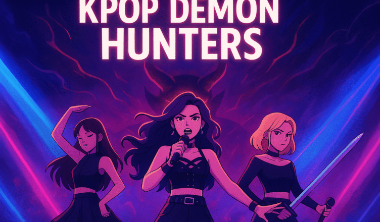 “Huntr/x performing under neon lights in KPop Demon Hunters Netflix movie”